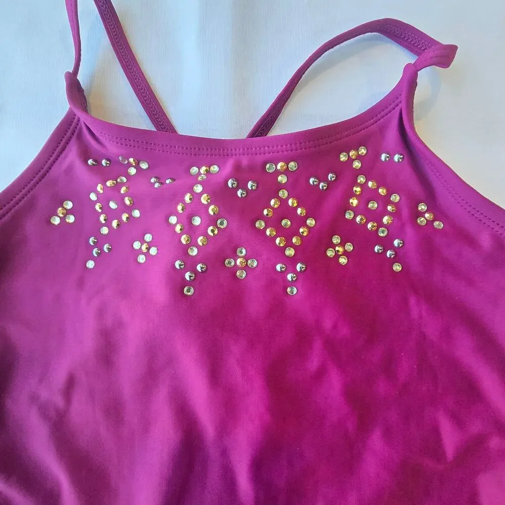 Justice UPF 50+ girls maroon one piece swimsuit w/rhinestone accents /14 (US)